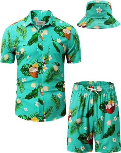 Vista 116 de TUNEVUSE Conjunto de camisas y pantalones cortos hawaianos para hombre, 2 piezas, trajes de playa con estampado de flores, traje tropical de verano