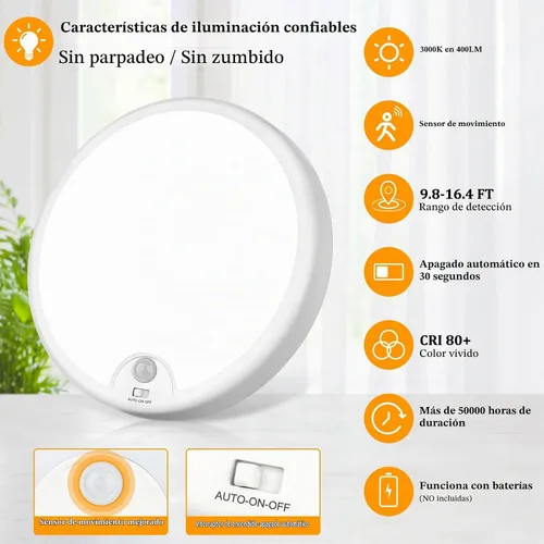 Vista 4 de Paquete de 2 luces de techo LED con sensor de movimiento operadas por batería para interiores, lámpara de montaje empotrado inalámbrica regulable