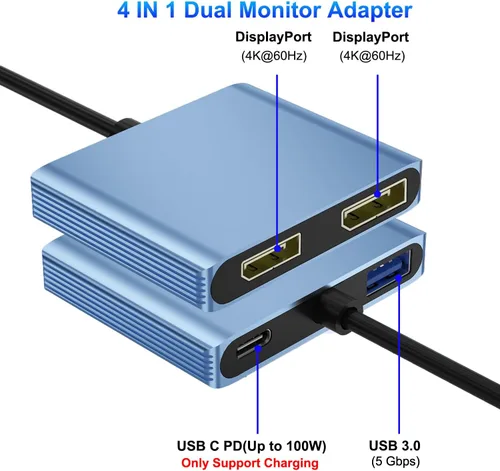 Vista 8 de Divisor DisplayPort para monitores duales, adaptador divisor USB C a Dual DisplayPort de 4K a 60Hz para pantalla extendida con 2 puertos