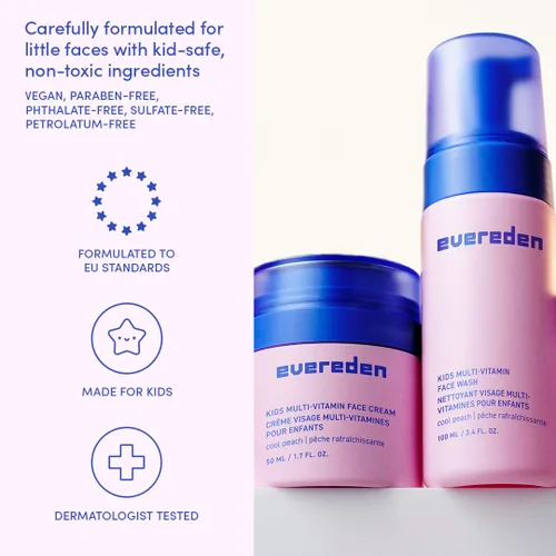 Vista 3 de Evereden Happy Kids Skin & Lips Rutine – Set de lavado facial y crema facial con vitaminas y aceite labial tintado, cuidado de la piel limpio