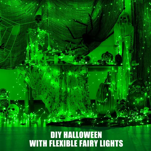 Vista 7 de JMEXSUSS Paquete de 2 Luces de Hadas Verdes a Batería, Total 200 LED 66 pies Luces de Cadena Parpadeantes con Control Remoto, 8 Modos de Luces
