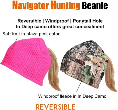 Vista 4 de Gorro reversible para cola de caballo para mujer, resistente al viento, forro polar, para senderismo, caza, pesca