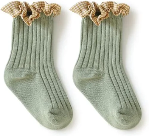 Vista 3 de TIBE PINCESS Calcetines de tobillo vintage con volantes para bebés y niñas, calcetines de encaje acanalados a cuadros para vestir