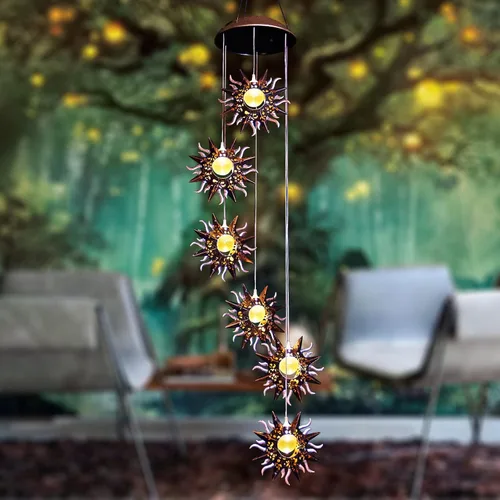 Vista 7 de Tryme Campanillas de viento solares para exteriores con luces colgantes de hadas y 4 tubos de aluminio, decoraciones de luna para el patio, porche