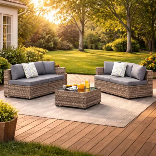 Vista 6 de SUNLEI Juego de muebles de patio de 5 piezas, sofá modular de ratán con respaldo bajo para todo tipo de clima, mesa de té y cojines de sofá