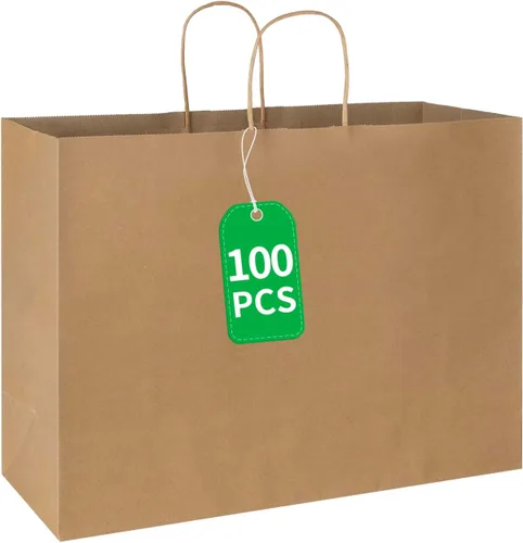 Vista 8 de bagmad Paquete de 50 bolsas grandes de papel kraft de 16 x 6 x 12 pulgadas, color marrón natural liso con asas, a granel para compras, bodas