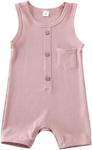 Vista 19 de Mameluco para bebé niña y niño, mono liso de una pieza, sin mangas, ropa de bebé de una pieza, trajes de verano beige (A-Beige)