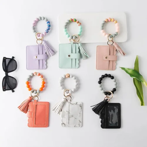 Vista 6 de Real Sic Pulsera de pulsera llavero billetera, soporte para tarjetas de crédito con cuentas de silicona, funda multifuncional de moda para tarjetas