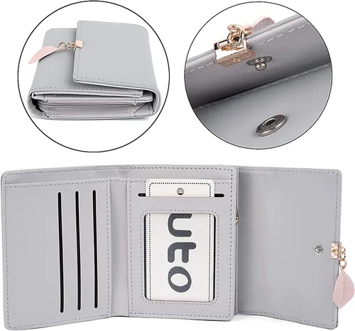 Vista 23 de UTO - Cartera pequeña RFID de piel sintética con dije de hoja, cierre de cremallera y tarjetero.