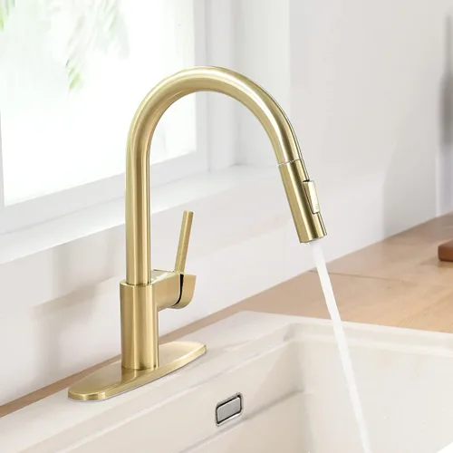 Vista 6 de Grifo de cocina dorado con rociador extraíble, grifo de fregadero de cocina extraíble de una sola manija de 1 y 3 agujeros con placa de cubierta