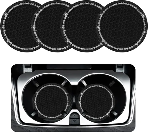 Vista 19 de Ziciner Paquete de 4 posavasos brillantes para automóvil, portavasos de goma suave con cristal, tapete antideslizante con diamantes de imitación