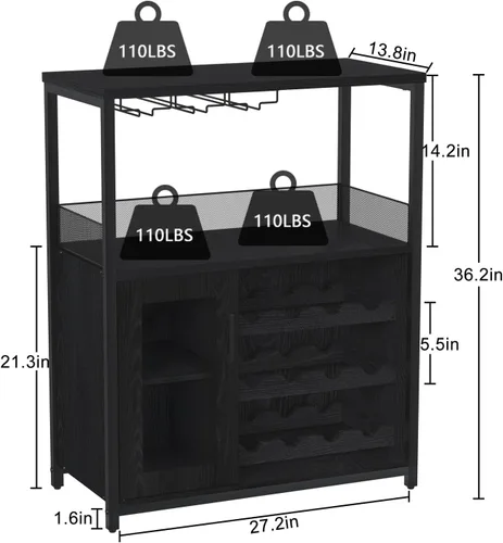 Vista 2 de IDEALHOUSE Armario de bar de vinos de 3 niveles con estante y cajón desmontable para vinos, aparador industrial y gabinete de buffet con soporte