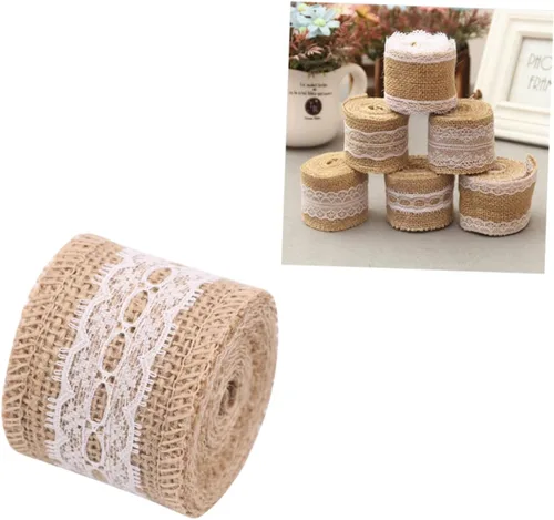 Vista 5 de LALAFINA Rollo de cinta decorativa de yute con ribete de encaje para manualidades y proyectos de bricolaje, patrón de envoltura de bodas y arreglos