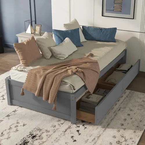Vista 4 de HomSof Cama individual con 2 cajones, madera maciza, no necesita somier, gris