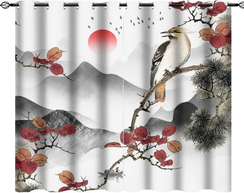 Vista 29 de Cortinas opacas para oscurecer la habitación con ojales, diseño de flores japonesas con ojales, arte retro de primavera y ramas florales, arte