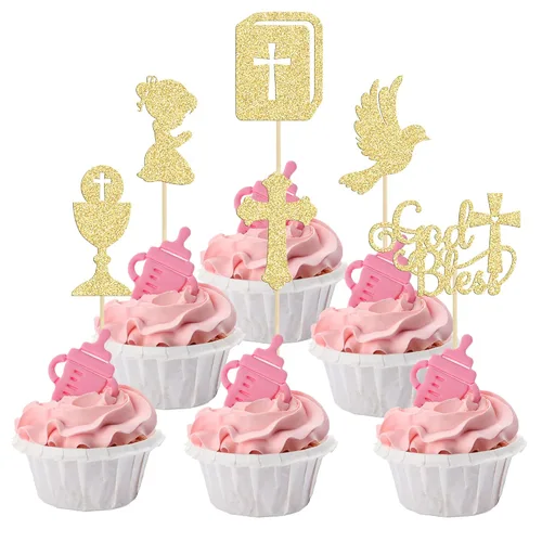 Vista 12 de Gyufise 24 decoraciones doradas para cupcakes con purpurina de Dios bendiga y cruz para baby shower, decoración para baby shower, fiesta