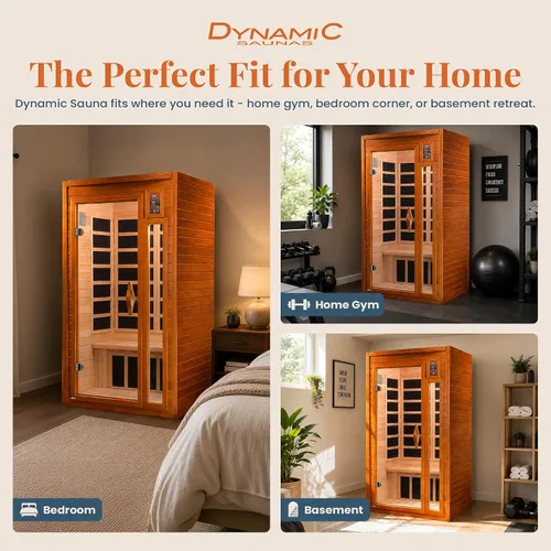 Vista 9 de DYNAMIC SAUNAS Barcelona - Sauna de infrarrojos lejanos de baja EMF para 1 a 2 personas con terapia de luz roja y altavoces Bluetooth Sauna