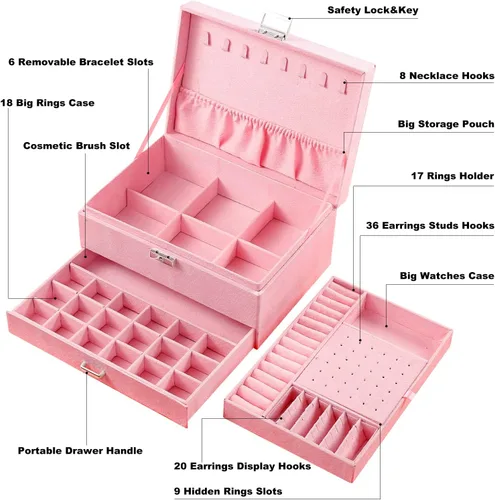 Vista 4 de QBestry Caja organizadora de joyas para mujer, caja de joyería de terciopelo rosa para collares y aretes, anillos, pulseras, joyero, organizador