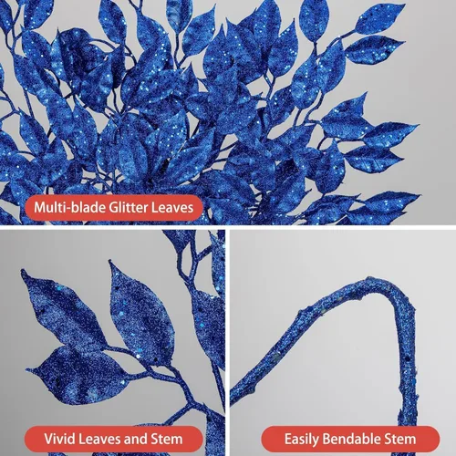 Vista 4 de Tallos de Hojas con Purpurina Azul de Navidad de 25.6", 5 Piezas de Ramas de Hojas Artificiales Altas para Árbol de Navidad DIY Corona de Navidad