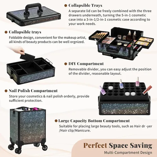 Vista 6 de AROUS Estuche de Maquillaje Rodante 5 en 1, Estuche de Cosmetología con Ruedas, Organizador de Cosméticos Grande, Carro de Viaje para Peluquero