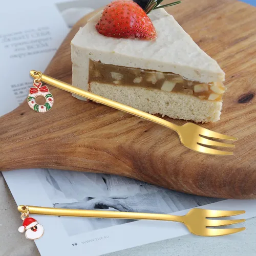 Vista 3 de Juego de cubiertos dorados de Navidad para postre, cubiertos de acero inoxidable, 6 piezas, utensilios de aperitivo con mango de abalorios