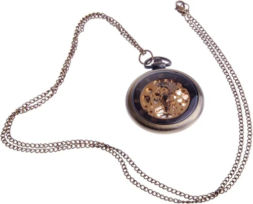 Vista 3 de ShoppeWatch Reloj de bolsillo mecánico de viento de mano estilo steampunk de cara abierta con cadena - PW12, Mecánico