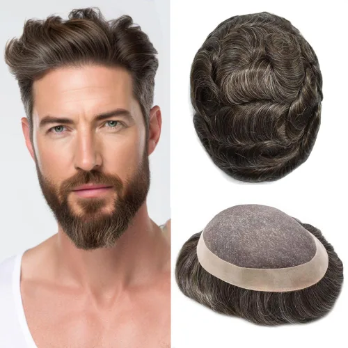Vista 102 de Fine Mono Men Hair System Mens Toupee Real Human Hair Pieces For Men's Toupee Hair System For Men Hair Piece Natural Hairline 6X8 densidad de luz