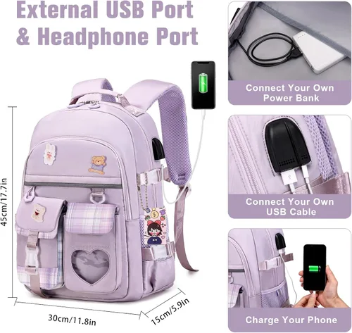 Vista 3 de Mochila para niñas - Mochila para libros, mochila escolar para niñas, niños, adolescentes, mujeres, casual, Púrpura, Mochilas escolares