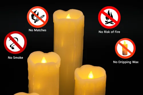 Vista 3 de Velas parpadeantes sin llama que funcionan con pilas (batería incluida) con temporizador de 6 horas, juego de 6 velas LED de cera goteante
