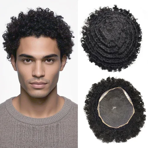 Vista 11 de Afro Toupee For Black Men Black Human Hair Mens Toupee Full Lace Hairpiece African American Wavy Kinky Hair System For Men 2MM Afro Wavy-#1 Jet Black