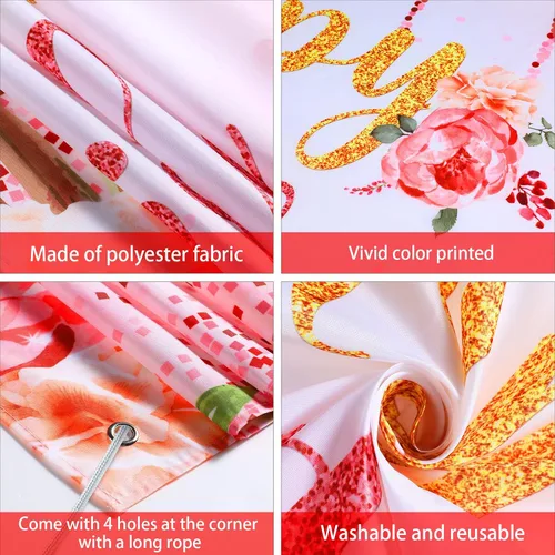 Vista 3 de Decoraciones de fondo de feliz cumpleaños para mujeres, suministros de fiesta, telón de fondo rosa, fotografía para niñas y niños, pancarta floral