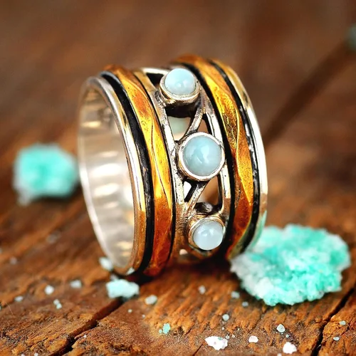 Vista 5 de Boho-Magic Anillo giratorio Larimar de plata de ley 925 para mujer con bandas giratorias de latón, Metal no precioso Piedra preciosa, larimar