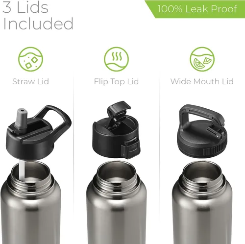 Vista 98 de SIPX™ Botella de Agua Aislada de 18 oz con 3 Tapas – Acero Inoxidable a Prueba de Fugas, Triple Aislamiento – Frío 24 Horas/Caliente 12 Horas – Negro