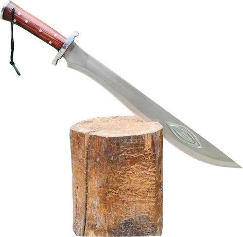 Vista 2 de Machete artesanal de 20" - Nepal forjado a mano - Espada de hoja de espiga completa - Acero de alto carbono - Mango de madera rosa con protector