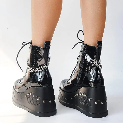 Vista 7 de Erocalli Botas de plataforma góticas para mujer con cordones con cadena botines cortos con tachuelas
