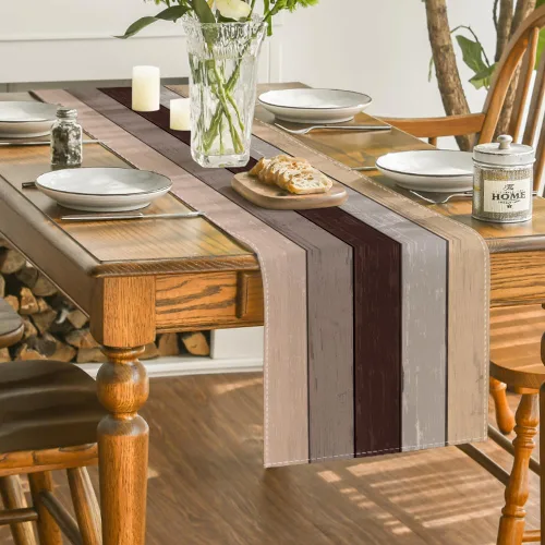 Vista 4 de Artoid Mode Camino de mesa marrón retro con textura de madera rústica, decoración de mesa de comedor de primavera de temporada para decoración