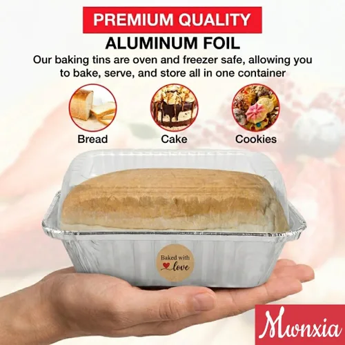 Vista 3 de Mini moldes desechables de aluminio con tapas y calcomanías "hechas a mano con amor", 6 x 3.5 x 2 pulgadas, paquete de 25 perfectas para hornear pan