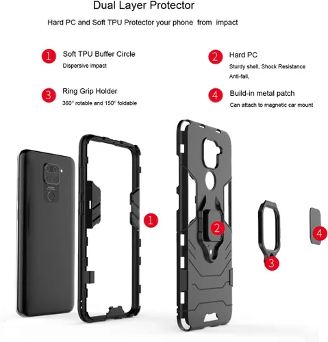 Vista 3 de Funda para Xiaomi Redmi Note 9 con protector de pantalla de vidrio templado Hybrid Heavy Duty Armor Funda protectora para teléfono con soporte