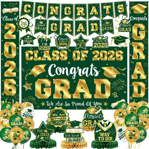 Vista 24 de Decoraciones de graduación 2026, juego de decoraciones de graduación rojo y negro con pancarta y telón de fondo de felicitaciones, letrero