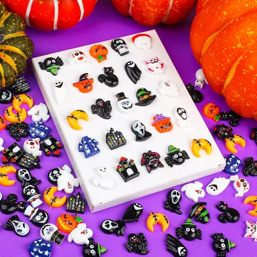 Vista 3 de FOIMAS Dijes de resina de Halloween con parte trasera plana, 100 piezas de calabaza, fantasma, araña, adorno de resina en miniatura para suministros