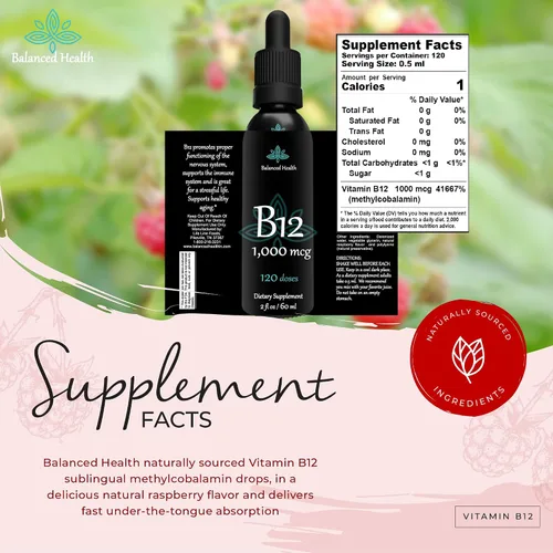 Vista 6 de B12 1,000 mcg, 2oz 120 porciones, sabor frambuesa, gotas sublinguales de metilcobalamina
