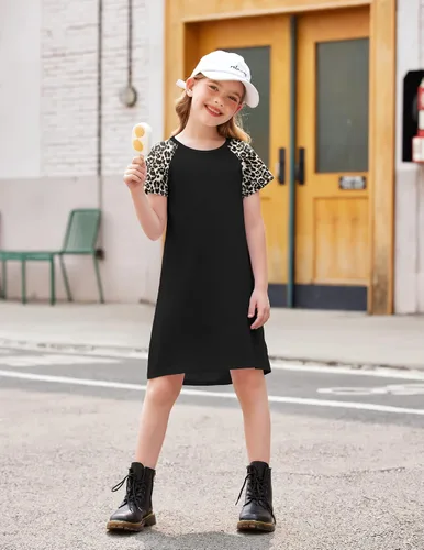 Vista 2 de Arshiner Vestido de verano para niñas de 5 a 12 años de manga corta de algodón estampado casual