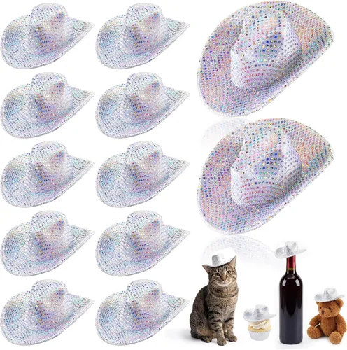 Vista 8 de Sotiff 12 piezas de mini sombrero de vaquero pequeño disco purpurina Negro