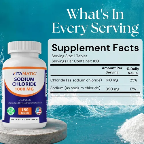 Vista 2 de Vitamatic Cloruro de sodio 1000mg - 180 tabletas - Hecho en Estados Unidos