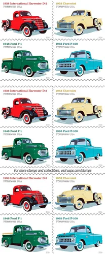 Vista 2 de Camionetas USPS Forever Stamp 1938 International Harvester D2 1948 Ford F1 1953 Chevrolet 1965 Ford F100 1 20 Sellos