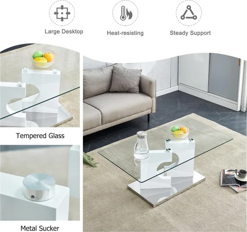 Vista 6 de TesNus Mesa de centro rectangular de cristal, mesa de centro moderna de vidrio templado transparente para sala de estar, base lineal blanca
