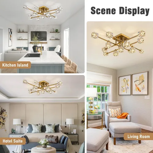 Vista 5 de Modern Ceiling Light Fixture with 13-Lights,Gold Semi Flush Mount Ceiling Light,Crystal Sputnik Chandeleirs,Modern Ceiling Lights for Living