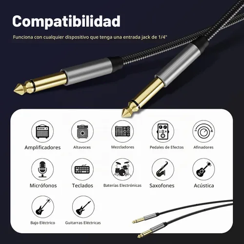Vista 4 de Cable de instrumento de 6,35 mm 3 pies, cable de conector Jack mono 6,35 mm 1/4 pulgadas TS plateado premium desequilibrado, cable de parche