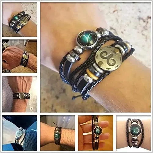 Vista 5 de 2 pulseras retro del zodiaco para hombres, 12 constelaciones, hechas a mano, pulseras de cuero trenzadas punk, cuero, vidrio, aleación, otro
