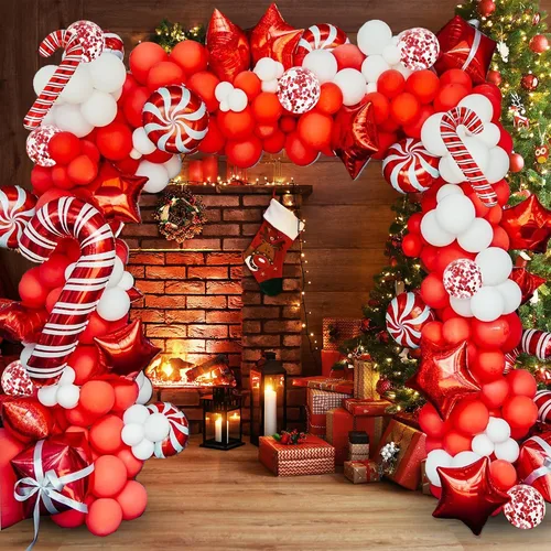 Vista 4 de Kit de arco de globos de Navidad de 175 piezas, incluye globos rojos, blancos, de bastón de caramelo y confeti, kit de herramientas